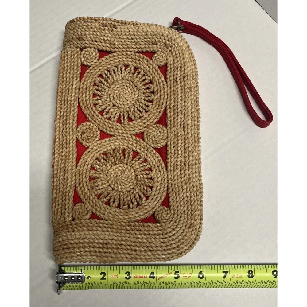 Vintage MCI Straw Clutch Wristlet Red Handwoven Raffia Boho Summer Bag 1970s
